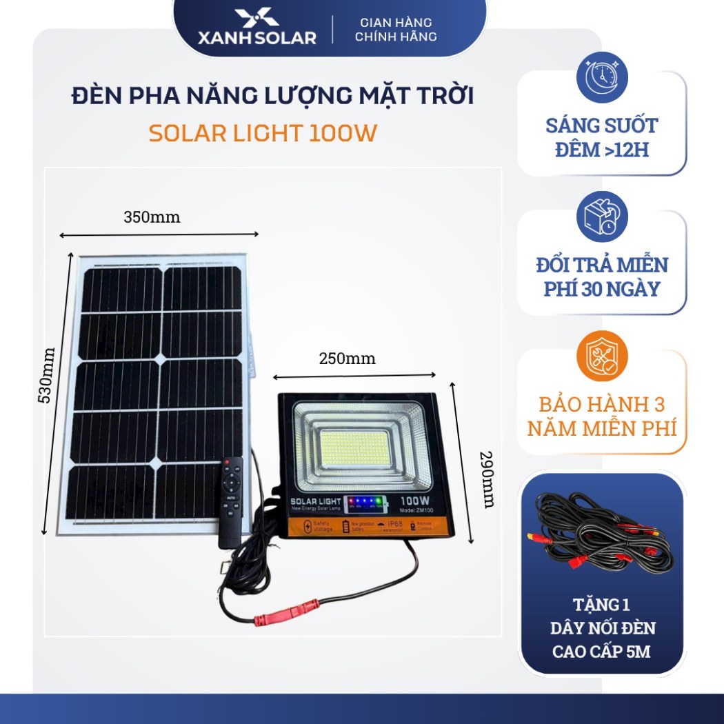 Đèn Pha NLMT 100W Solar Light ZM100 189 Chip LED 5054 Pin 20.000mAh IP68 Chiếu 100m² BH 2 Năm