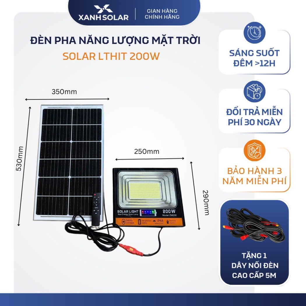 Đèn Pha NLMT 200W Solar Light ZM200 324 Chip LED 5054 Pin 30.000mAh IP68 Chiếu 150m² BH 2 Năm