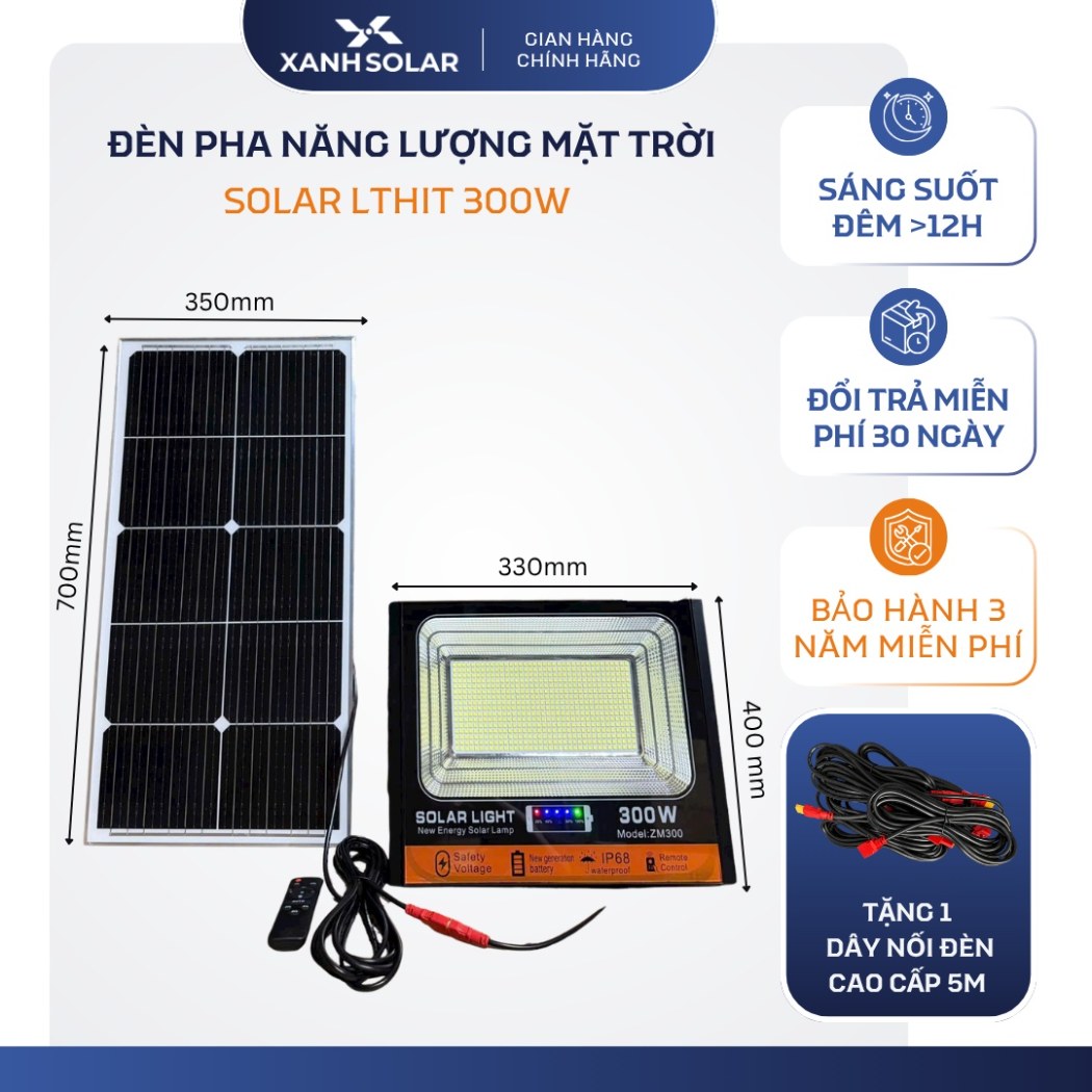 Đèn Pha NLMT 300W Solar Light ZM300 592 Chip LED 5054 Pin 45.000mAh IP68 Chiếu 200m² BH 2 Năm