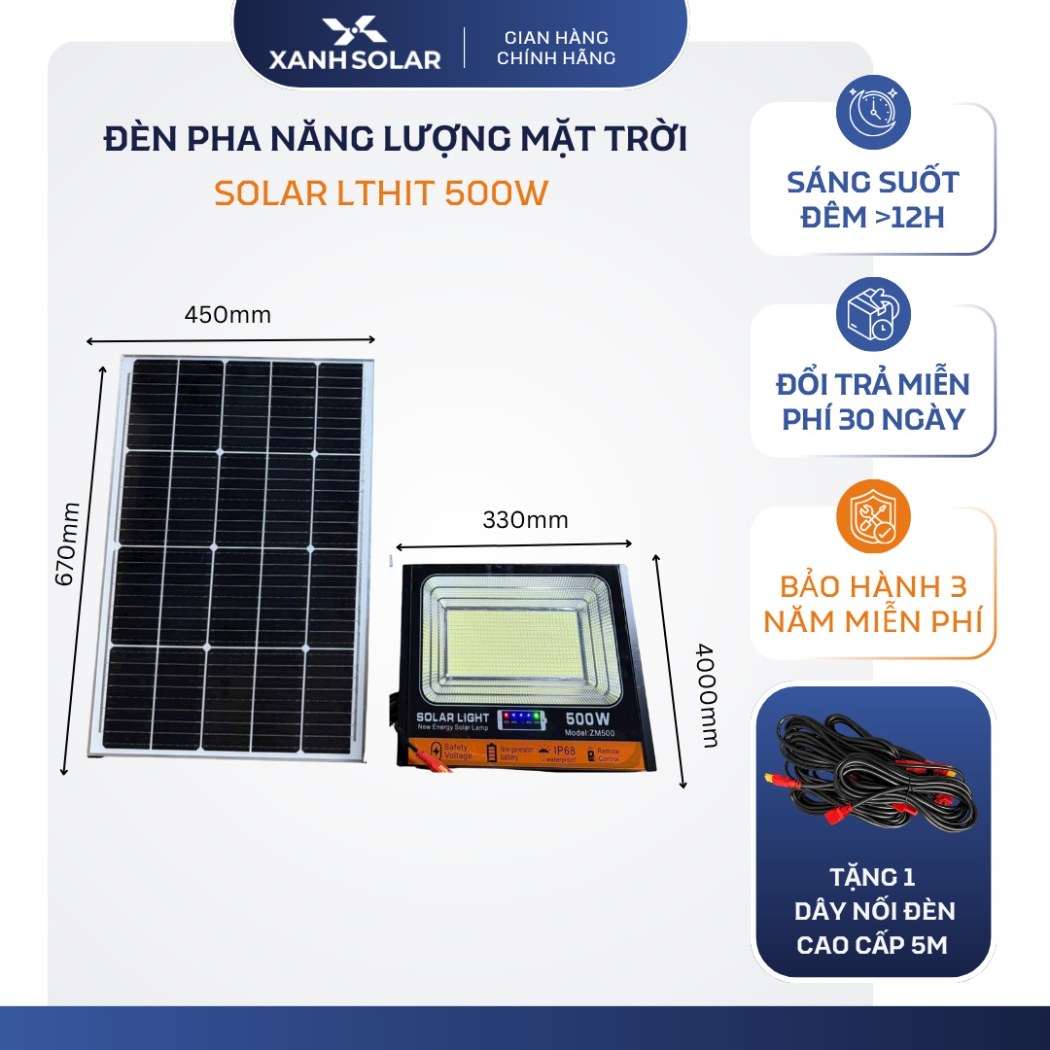 Đèn Pha NLMT 500W Solar Light ZM500 624 Chip LED 5054 Pin 60.000mAh IP68 Chiếu 300m² BH 2 Năm
