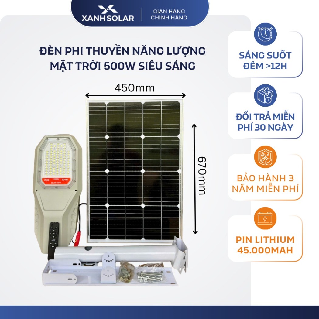 Đèn Phi Thuyền NLMT 500W Solar Light JF500L 79 Chip LED 5054 Pin 45.000mAh IP66 Tự Động Bật Tắt BH 2 Năm