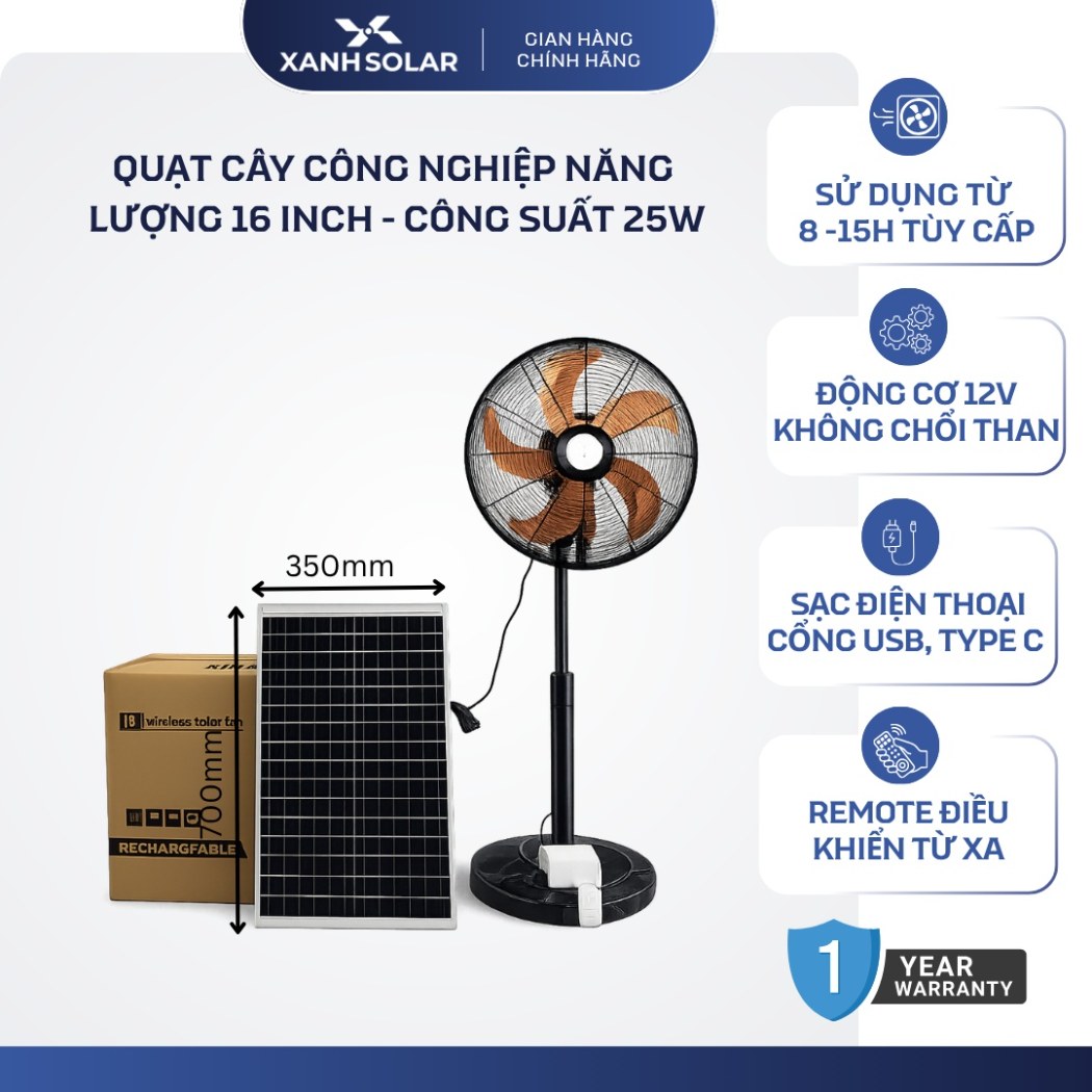 Quạt Cây Công Nghiệp NLMT 16 Inch Solar Light S88-16 Pin 10.000mAh Không Chổi Than USB TypeC BH 1 Năm