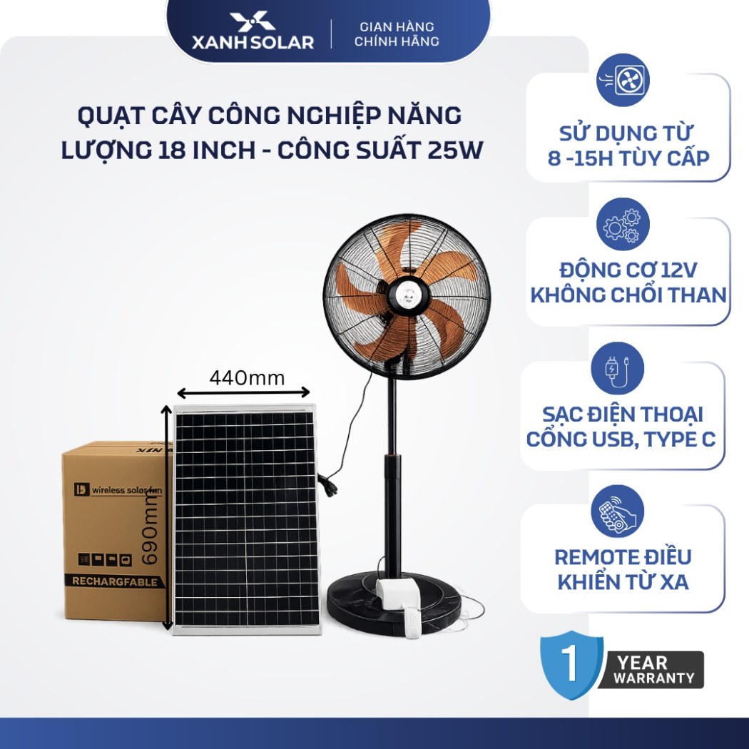 Quạt Cây Công Nghiệp NLMT 18 Inch Solar Light S88-18 Pin 15.000mAh Không Chổi Than USB TypeC BH 1 Năm