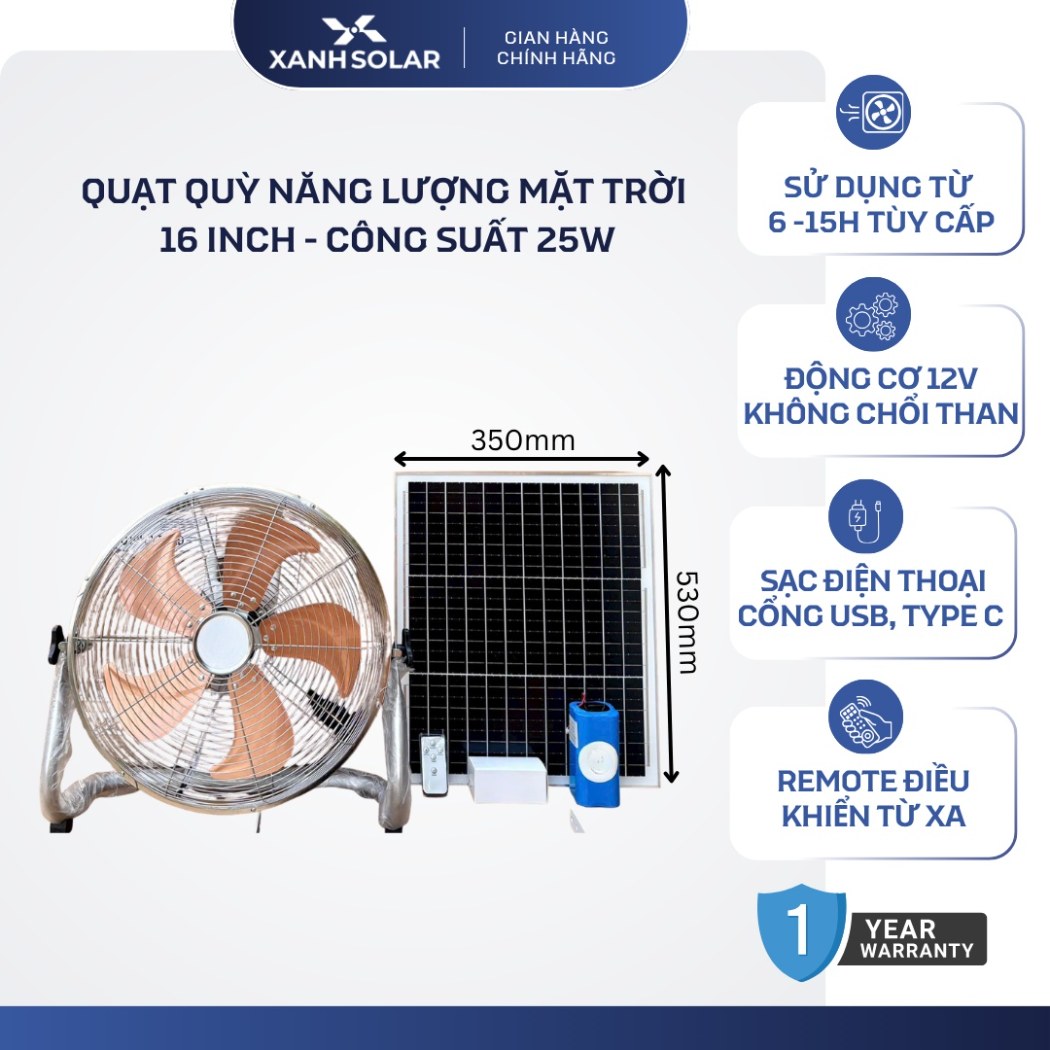 Quạt Năng Lượng Mặt Trời 16 Inch Solar Light D218-16 Pin 10.000mAh 12 Cấp Độ Gió Remote USB BH 1Năm